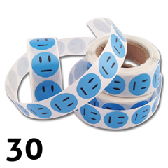 30 stk. Neutral blå smiley klistermærker på rulle 2 cm