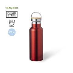 Termoflaske i metallisk farve med bambuslåg og bærehank 