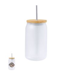Drikkekrus med bambuslåg og metal sugerør 400 ml
