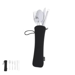 Bestiksæt af rustfri stål med 5 dele inklusiv RPET soft shell etui