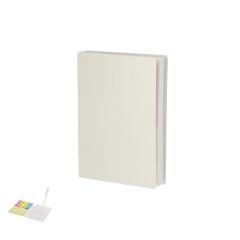 A6 notesbog af genanvendte mælkekartoner med sticky notes og kuglepen