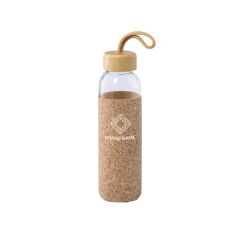Drikkeflaske af glas med bambus låg og kork lomme, 500 ml
