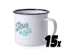 15 styk emaljekrus med logo - sort kant