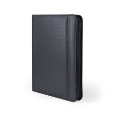 Konference mappe af sort kunstlæder med powerbank og notesblok