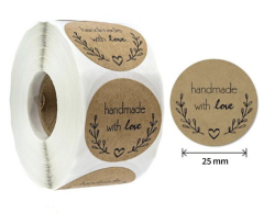 Handmade with love, klistermærker til håndlavede produkter, 25mm, 500 stk.