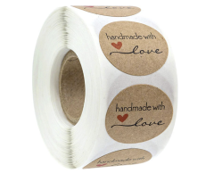 “Handmade with love” etiketter på rulle, kraftpapir, 25mm, 500 stk.