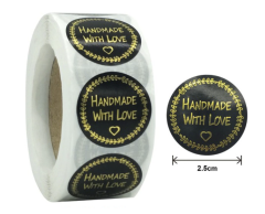 Klistermærker til håndlavede produkter, sorte med guld, 500 stk, 25mm