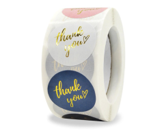 Thank you stickers/klistermærker med guld skrift, 4 farver, 3,8 cm bred