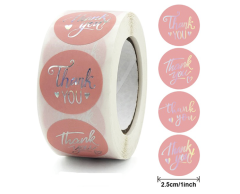 Thank you klistermærker, lyserøde med sølv hologram, 500 stk, 38mm