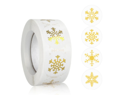 Guld snefnug klistermærker på rulle, 4 designs, 500 stk, 25mm