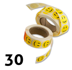 30 stk. Gule Glade smiley klistermærker 2 cm