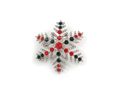 Jule snefnug med rød, grønne og hvide rhinsten broche