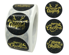 Merry christmas klistermærker på rulle, sorte med guld, 3 motiver, 500 stk, 25mm