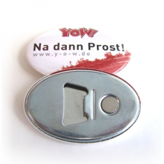 Oval oplukker og magnet med logo