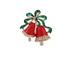 Røde jule klokker med grøn bånd og rhinsten broche
