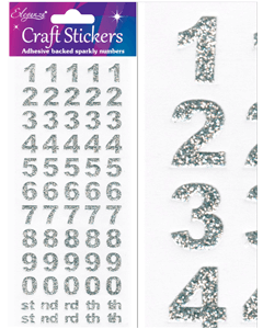 Sølv glimmer tal klistermærker 0-9 på ark