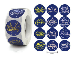 Blå jule klistermærker på rulle, 12 designs, merry christmas, 500 stk, 25mm